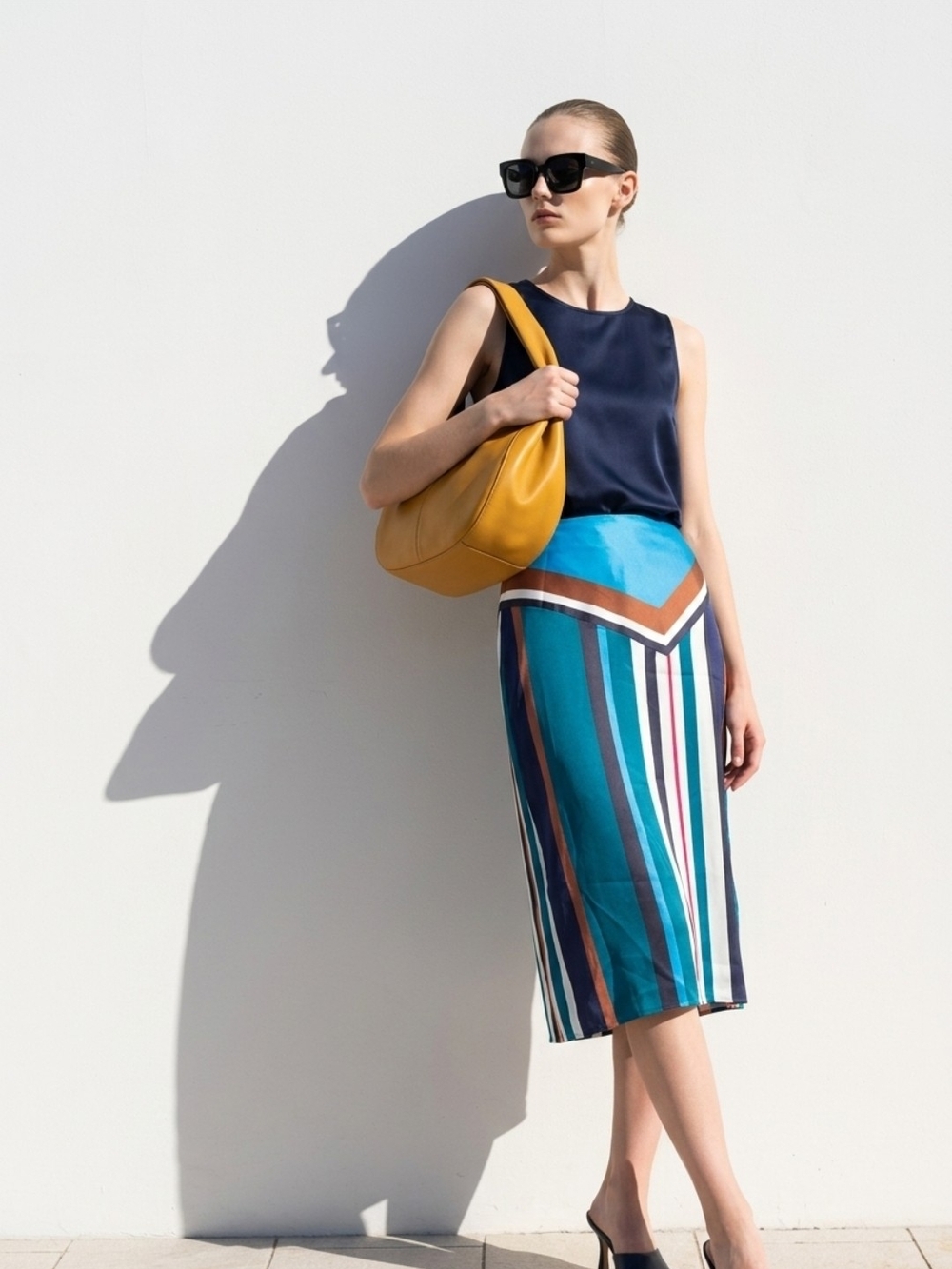 LOFT Teal & Navy Striped Midi Skirt